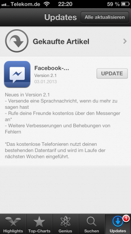 Die Updatehinweise listen die neuen Funktionen auf. (Screenshot: Golem.de)